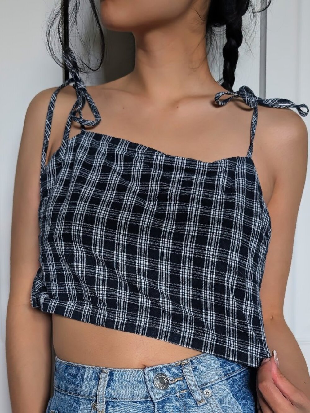 Brandy Melville Navy Plaid Tie Straps Tank Top